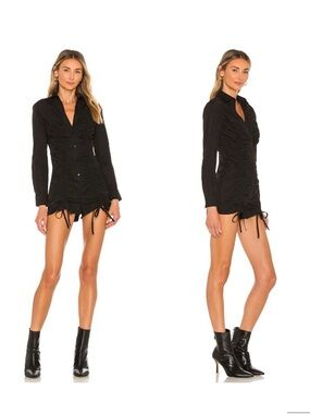 Superdown Black Ruched Long-Sleeve Mini Romper